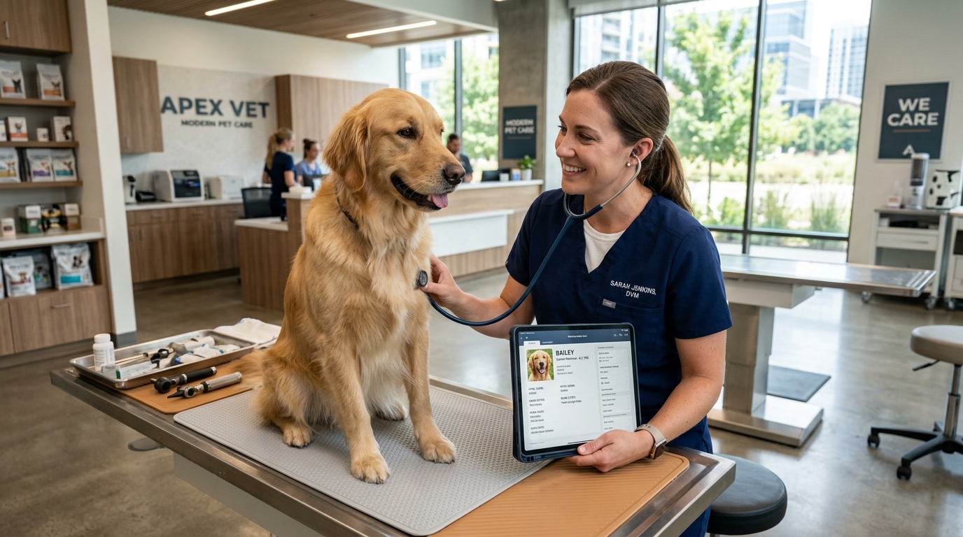 Veterinarian examining pet with tablet